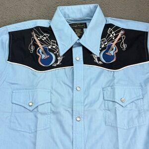 High Noon Western Shirt Mens Medium Blue Guitar Embroidered Pearl Snap S/S